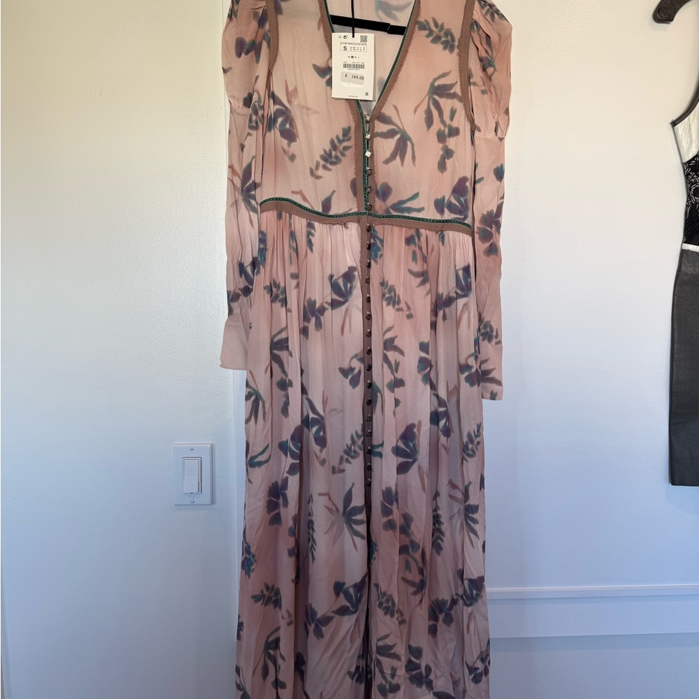 Zara Spring 2020 Limited Edition Pink Teal Floral Maxi Dress with Velvet trim